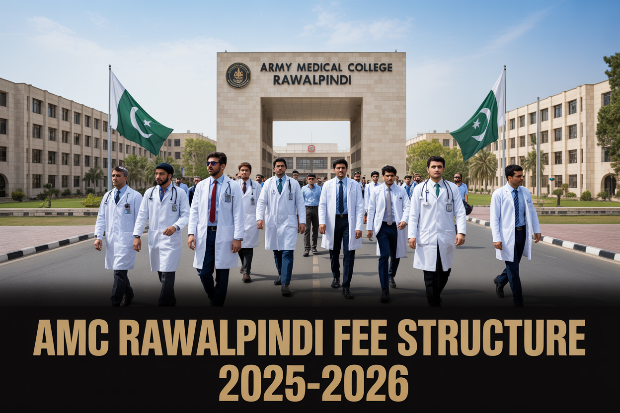 Create a realistic image of the Army Medical College Rawalpindi campus building facade with its distinctive architecture and signage, featuring a diverse group of medical students (including white, black, and Asian male and female students) in white coats walking on the campus pathway, with Pakistani flags visible, modern educational facilities in the background, bright daylight with clear blue sky, and overlay text reading "AMC Rawalpindi Fee Structure 2025-2026" in bold, professional font at the bottom of the image.