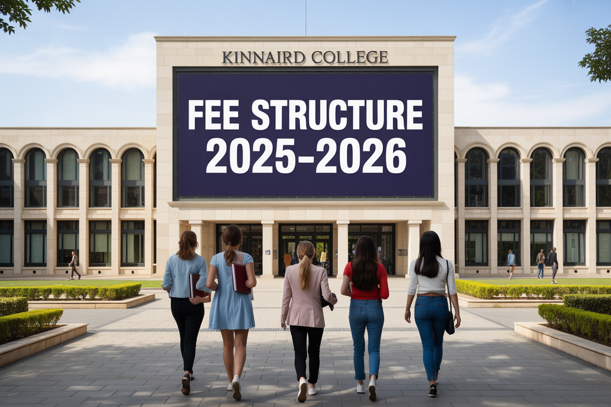 Create a realistic image of Kinnaird College's modern campus building facade with elegant architecture, featuring a diverse group of female students (including white, black, and Asian students) walking towards the entrance carrying books and laptops, with a prominent digital display board or banner showing "Fee Structure 2025-2026" in bold text, set against a bright daylight scene with clear blue sky and well-maintained landscaping, conveying an academic and professional atmosphere.