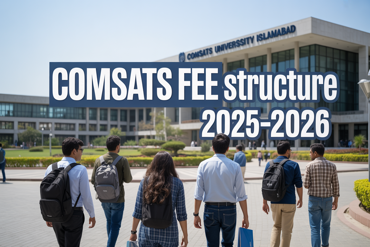Create a realistic image of COMSATS University Islamabad's modern campus building with its distinctive architecture and signage, featuring diverse Pakistani students (both male and female, South Asian) walking with backpacks and books in the foreground, with the university's green landscaping and clear blue sky in the background, including bold text overlay reading "COMSATS Fee Structure 2025-2026" in professional blue and white typography, bright daylight lighting creating an academic and welcoming atmosphere.