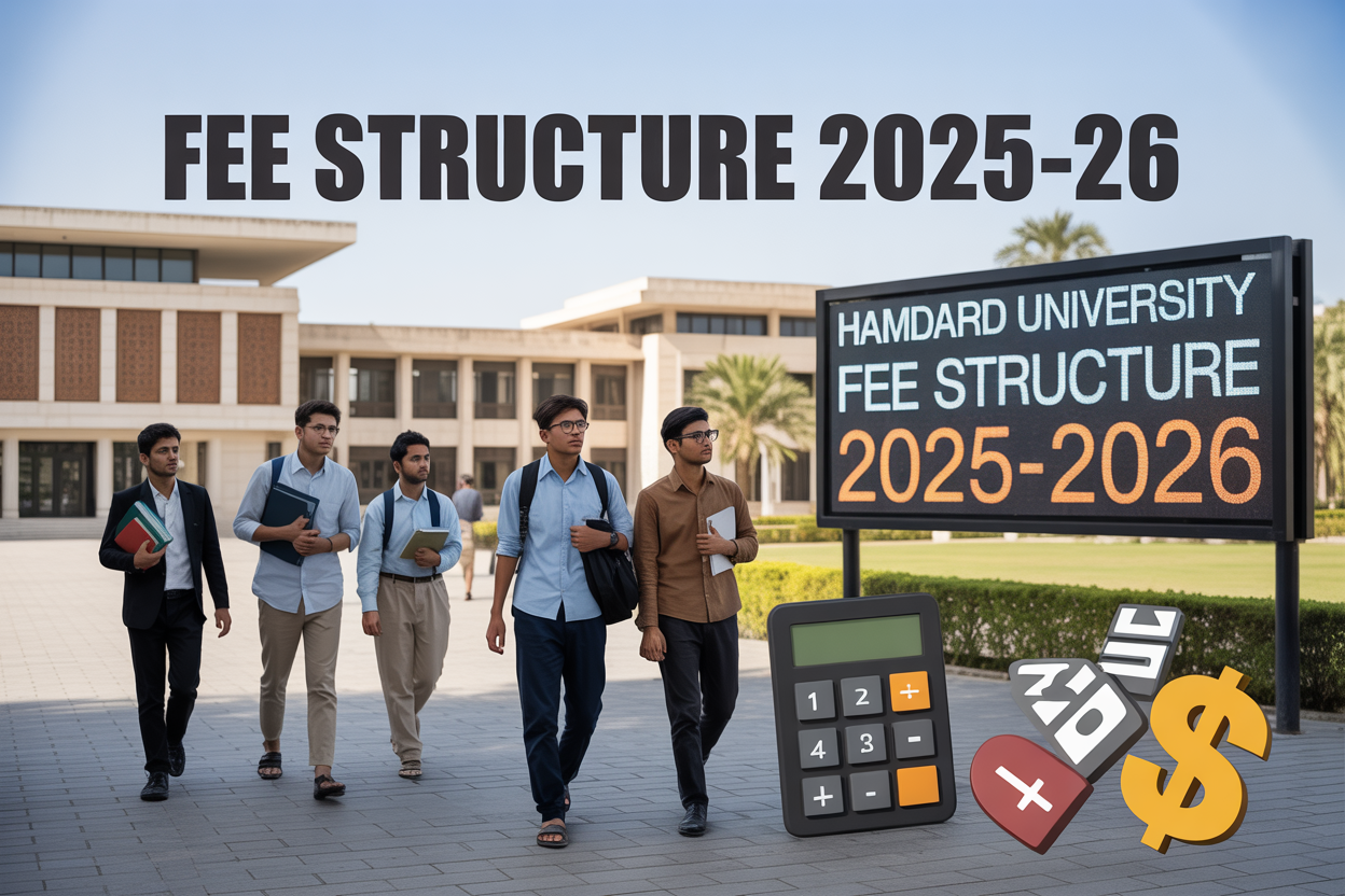 Create a realistic image of a modern university campus building with Pakistani architecture elements, featuring a diverse group of students (South Asian male and female students) walking with books and laptops, a digital fee structure display board showing "Hamdard University Fee Structure 2025-2026" prominently in the foreground, calculator and money symbols subtly integrated into the composition, bright daylight with clear blue sky, professional educational atmosphere with green landscaping, and the text "Fee Structure 2025-26" overlaid in bold, readable font at the top of the image.