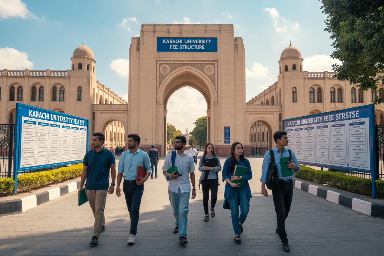 Create a realistic image of Karachi University's main entrance gate with the university's iconic architecture in the background, featuring a diverse group of Pakistani students (both male and female) walking on campus carrying books and laptops, with educational fee charts and documents visible on a bulletin board to the side, under bright daylight with clear blue sky, and include the text "Karachi University Fee Structure" prominently displayed on a modern digital signboard near the entrance.