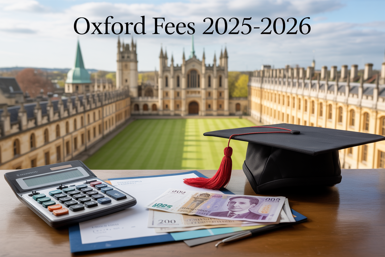 Create a realistic image of the iconic University of Oxford spires and historic stone buildings in the background with a modern calculator, British pound sterling banknotes, and graduation cap arranged in the foreground on a wooden desk, soft natural lighting filtering through a window, professional academic atmosphere, with the text "Oxford Fees 2025-2026" elegantly displayed in the upper portion of the image.