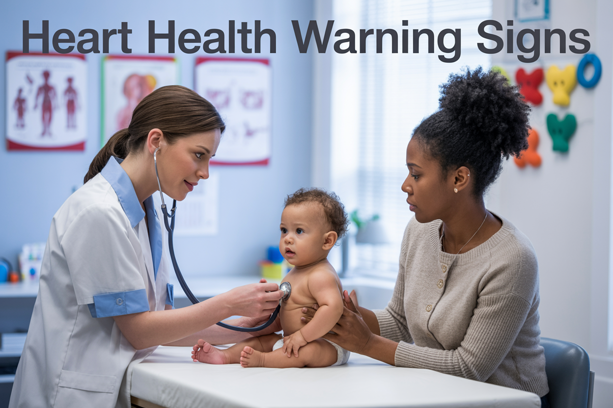 Create a realistic image of a white female pediatrician in medical scrubs gently examining a biracial infant (approximately 6-12 months old) with a stethoscope while the baby lies on an examination table, with the baby's black mother sitting nearby looking concerned but attentive, in a bright, clean pediatric clinic room with soft natural lighting from a window, medical charts and colorful children's wall decorations visible in the background, with the text "Heart Health Warning Signs" prominently displayed at the top of the image in clear, readable font.