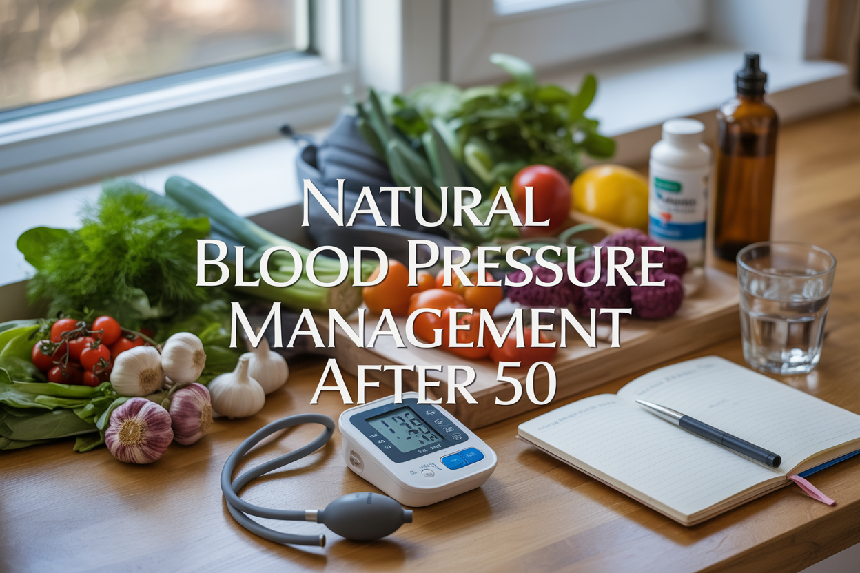Create a realistic image of a vibrant, organized kitchen counter scene featuring fresh colorful vegetables (leafy greens, tomatoes, berries, garlic), a digital blood pressure monitor, natural supplement bottles, a glass of water, and a notebook with a pen, all arranged on a clean wooden surface with soft natural lighting from a window, including the text "Natural Blood Pressure Management After 50" prominently displayed in elegant, readable font overlaying the scene.