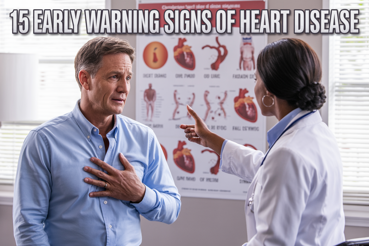 Create a realistic image of a middle-aged white male in a light blue button-down shirt sitting at a modern doctor's office, holding his chest with a concerned expression while a female Black doctor in a white coat points to a large wall chart displaying various heart disease warning signs including chest pain, shortness of breath, and fatigue symptoms, with soft natural lighting from a window and the text "15 Early Warning Signs of Heart Disease" prominently displayed at the top of the image in bold, clear medical-style font.