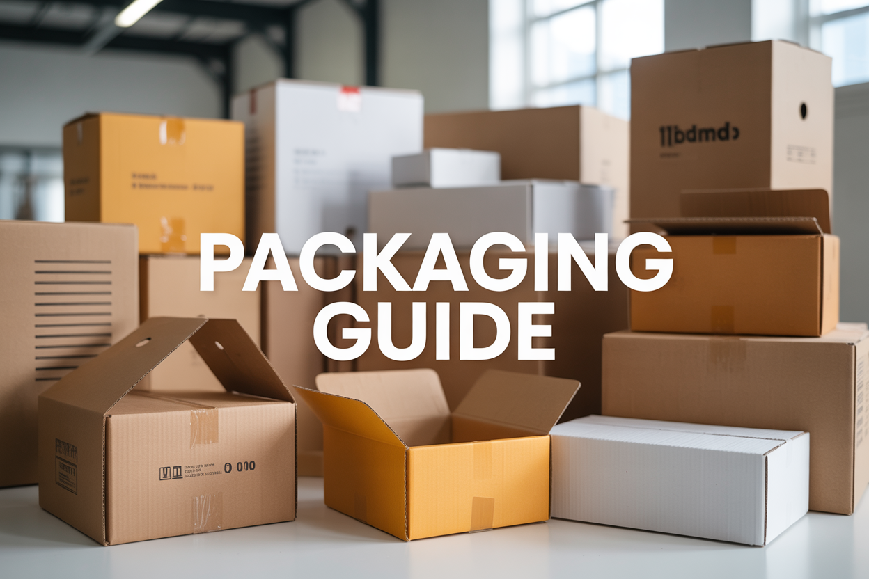 Create a realistic image of various cardboard and corrugated packaging boxes in different sizes and styles arranged on a clean white warehouse table, with some boxes opened to show internal structure and fluting, including brown kraft boxes, white shipping boxes, and custom printed boxes, with soft natural lighting from above, and overlay text reading "PACKAGING GUIDE" in bold modern font, creating a professional product photography aesthetic with shallow depth of field focusing on the foreground boxes.