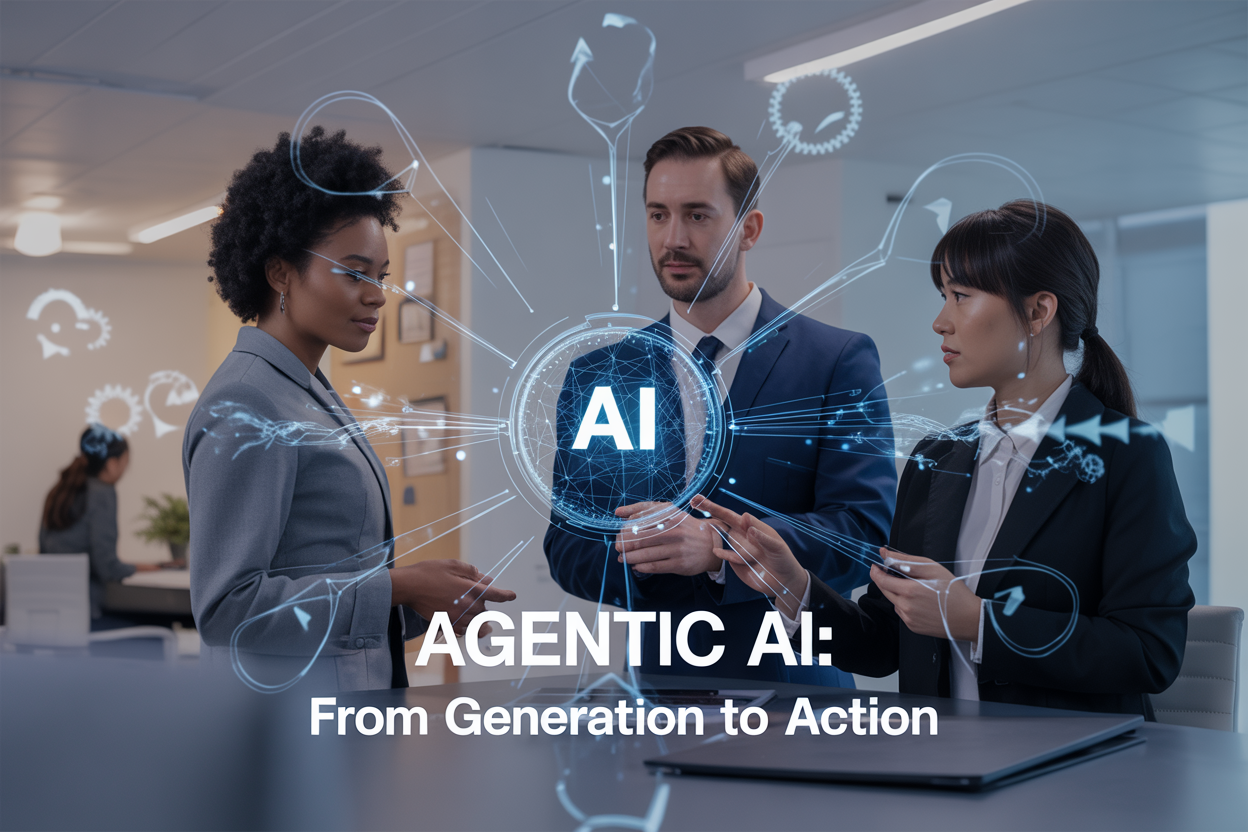 Create a realistic image of a modern digital transformation scene featuring a sleek holographic AI interface displaying interconnected nodes and action pathways in blue and white light, with a diverse group of three business professionals (one black female, one white male, one Asian female) observing and interacting with the system in a contemporary office environment, complemented by floating digital elements like gears, arrows, and data streams that represent the transition from passive to active AI capabilities, set against a clean minimalist background with soft ambient lighting and the text "Agentic AI: From Generation to Action" prominently displayed in modern sans-serif font.