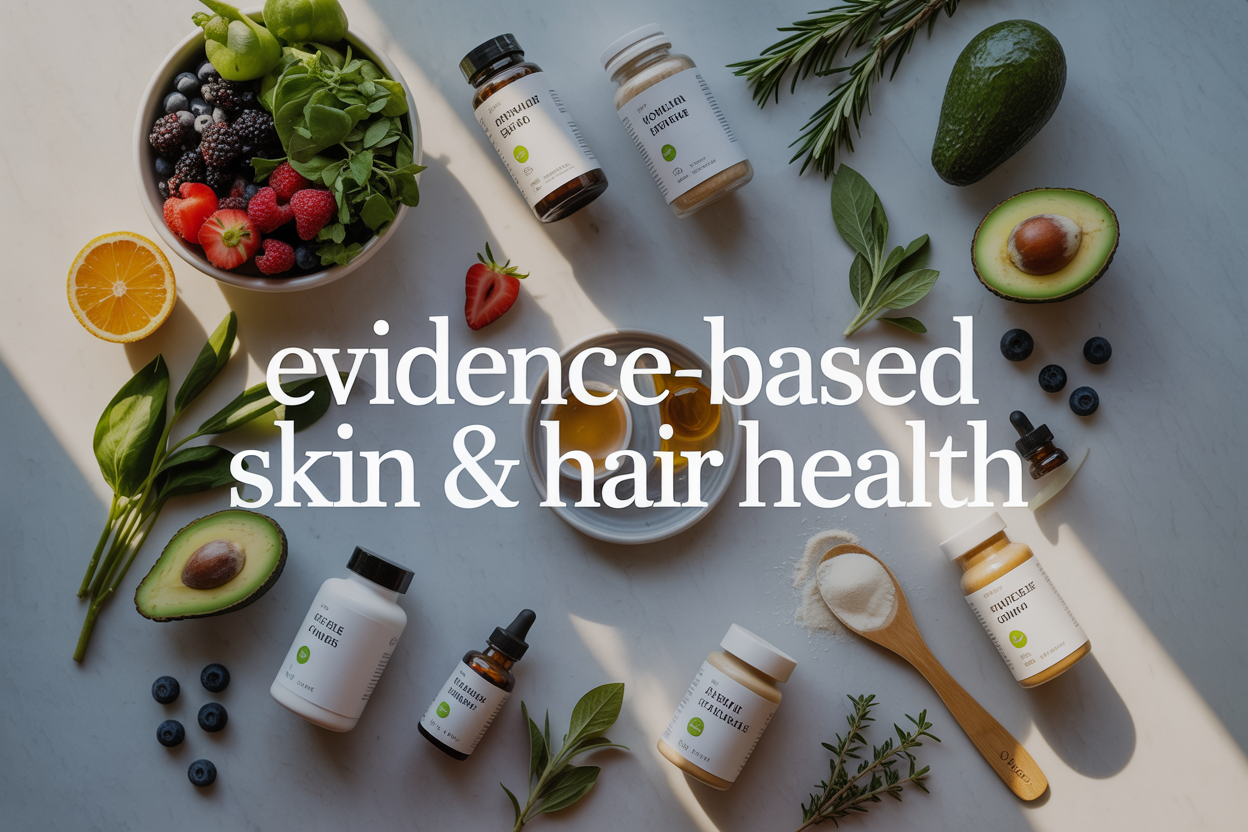 Create a realistic image of a clean, modern wellness flat lay composition featuring fresh fruits and vegetables (berries, leafy greens, avocado), glass bottles of clear supplements, natural skincare products in minimalist packaging, a wooden spoon with collagen powder, and fresh herbs scattered around, all arranged on a white marble surface with soft natural lighting from above, with the text "Evidence-Based Skin & Hair Health" elegantly overlaid in modern sans-serif font.