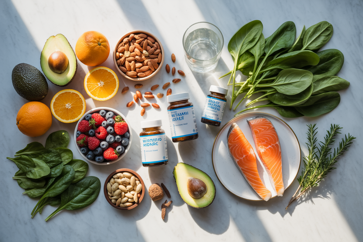Create a realistic image of a beautifully arranged flat lay composition featuring essential nutrients for skin and hair health, including colorful fresh fruits like oranges, berries, and avocados, leafy green vegetables like spinach and kale, nuts and seeds scattered naturally, salmon and other omega-rich foods, vitamin bottles and supplements arranged aesthetically, all placed on a clean white marble surface with soft natural lighting from above creating gentle shadows, complemented by fresh herbs and a glass of water, creating a clean and healthy lifestyle aesthetic. Absolutely NO text should be in the scene.