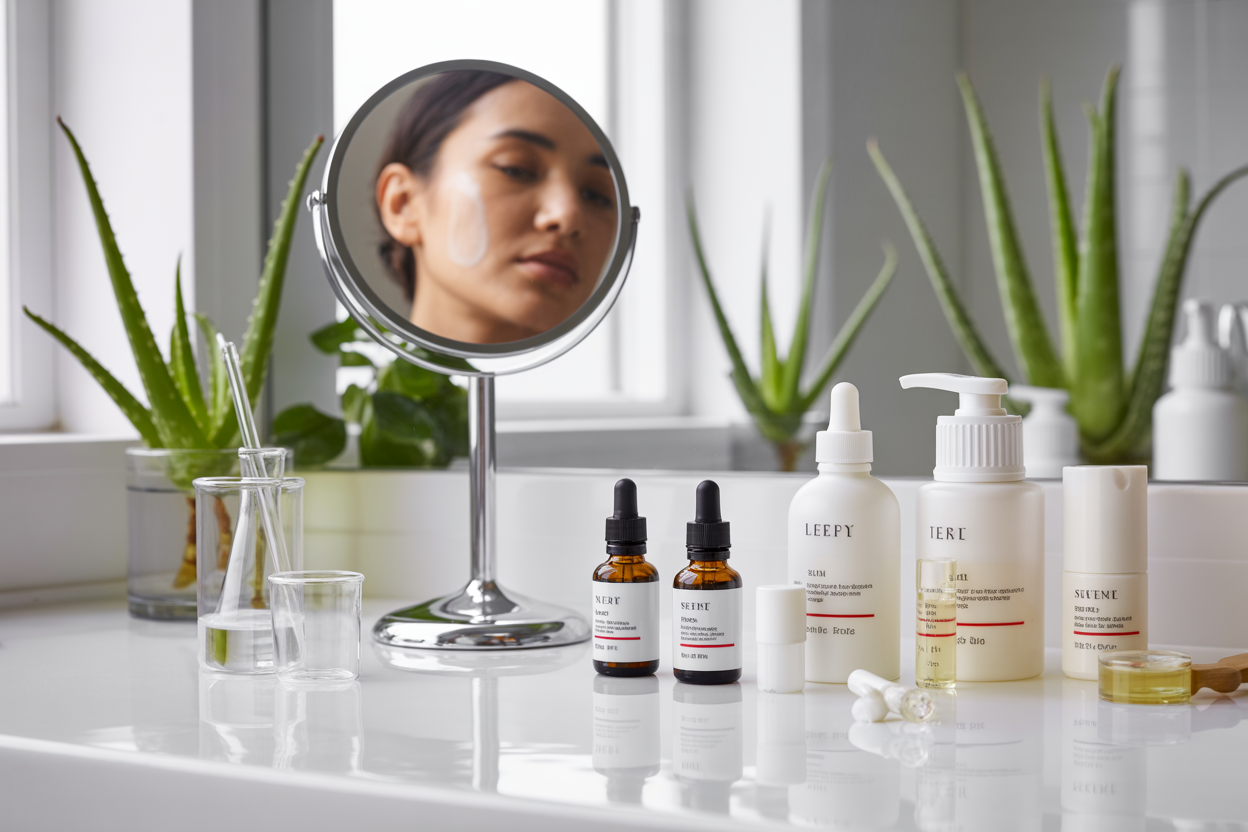 Create a realistic image of a clean, modern bathroom vanity with scientific skincare products arranged systematically, including serums in dropper bottles, moisturizers, and cleansers with visible ingredient labels, alongside a magnifying mirror reflecting clear, healthy skin, with soft natural lighting from a window, laboratory-style measuring tools like droppers and small beakers nearby, and fresh botanicals like aloe vera plants in the background, conveying a scientific approach to skincare, absolutely NO text should be in the scene.
