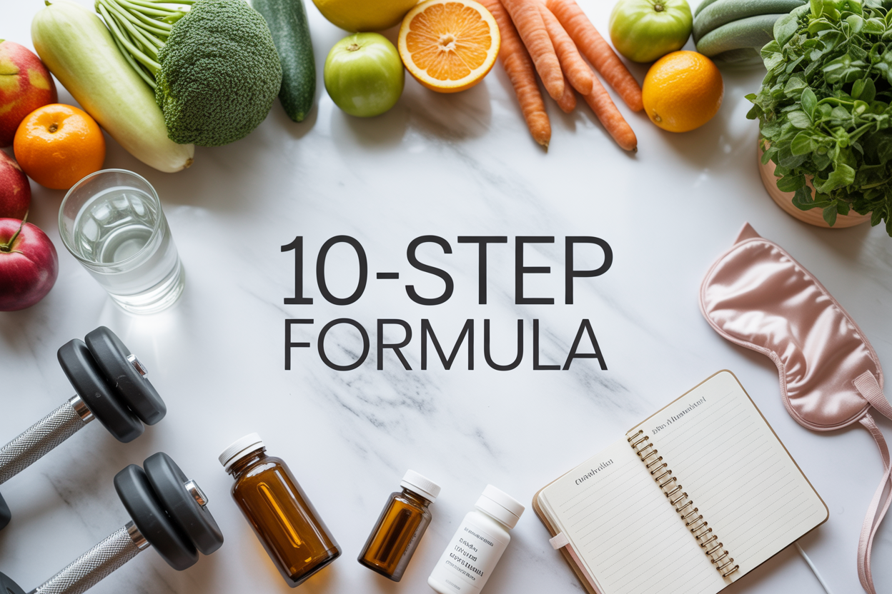 Create a realistic image of a well-organized health and wellness flat lay featuring fresh colorful fruits and vegetables, a glass of water, dumbbells, a sleep mask, natural supplement bottles, and a meditation journal arranged on a clean white marble surface, with soft natural lighting from above, including the text "10-Step Formula" in modern sans-serif font overlaid in the center, conveying an atmosphere of health transformation and vitality.
