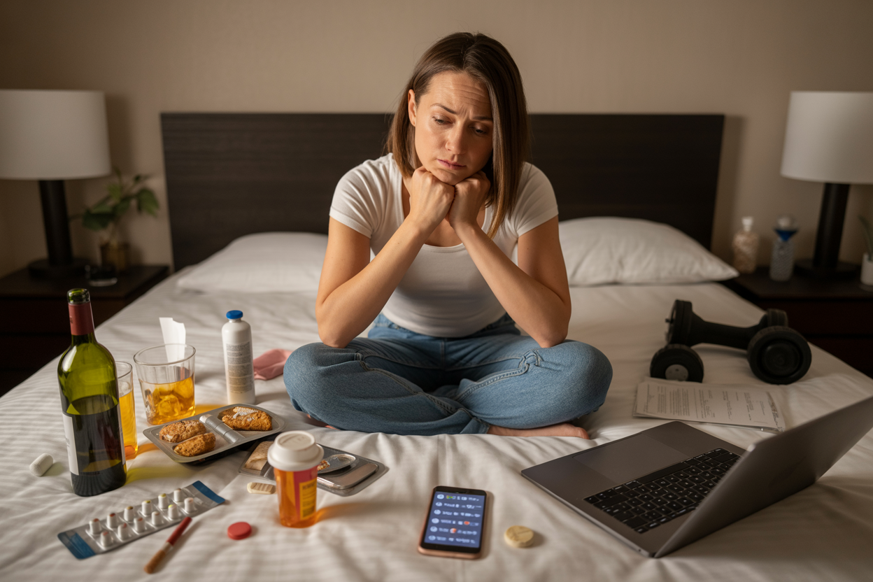 Create a realistic image of a tired-looking white woman in her 30s sitting on a messy bed surrounded by lifestyle items that negatively impact libido including empty wine bottles, cigarette pack, fast food containers, prescription pill bottles, laptop showing late-night work, smartphone with social media notifications, and exercise equipment covered in dust, with dim bedroom lighting creating a stressed and overwhelmed atmosphere, absolutely NO text should be in the scene.