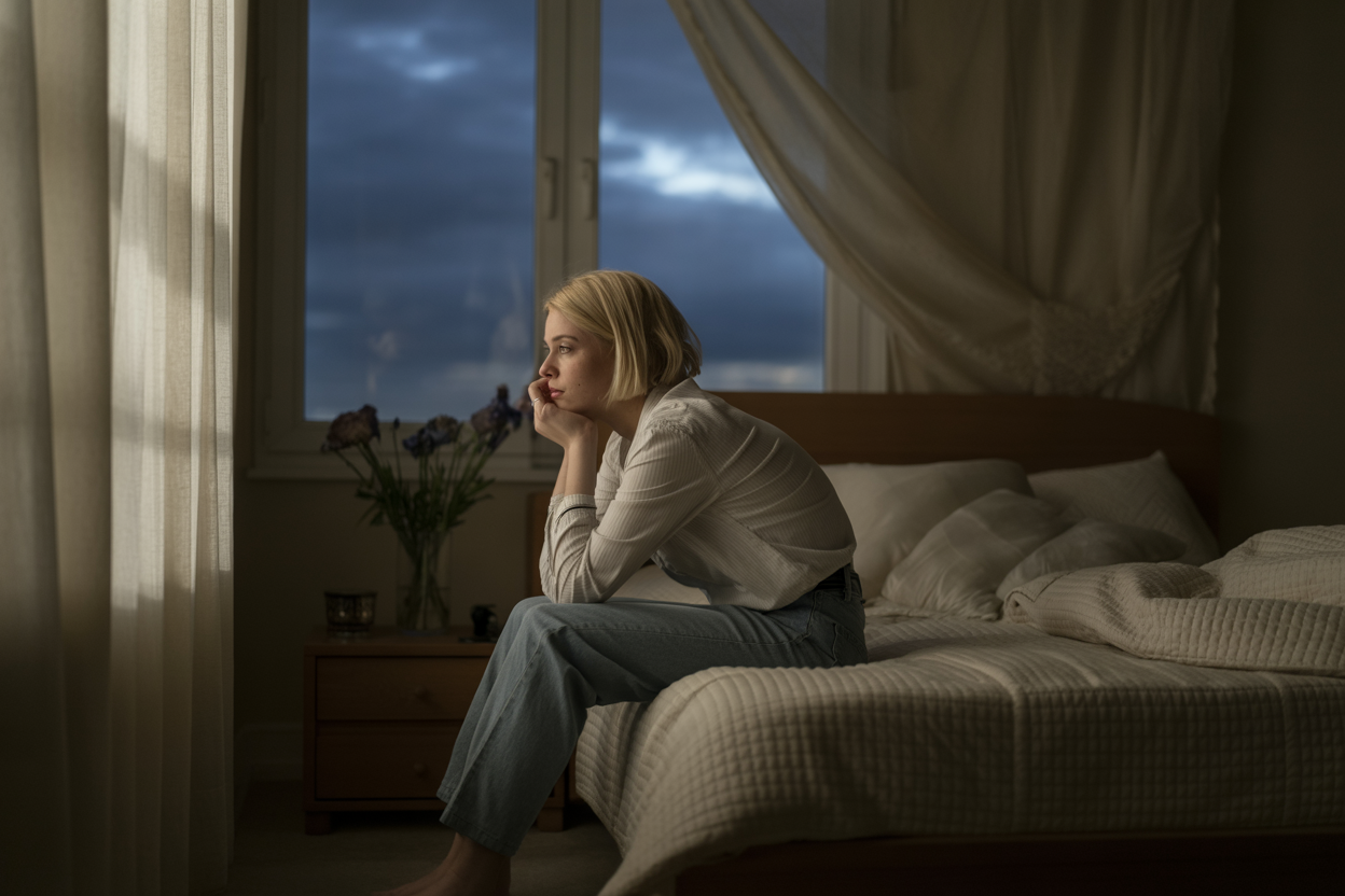 Create a realistic image of a white woman in her 30s sitting alone on the edge of a bed in a dimly lit bedroom, looking thoughtful and distant with her head resting in her hands, surrounded by symbolic elements like dark storm clouds visible through a window, wilted flowers on a nightstand, and heavy curtains partially drawn, creating shadows that represent internal emotional barriers, with soft melancholic lighting filtering through the room. Absolutely NO text should be in the scene.