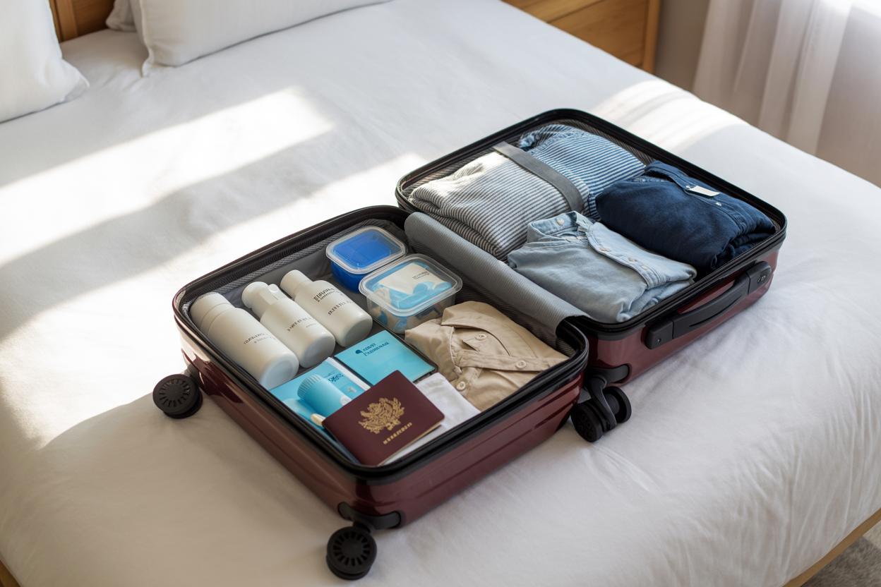 Create a realistic image of an organized suitcase with neatly arranged travel items including folded clothes, rolled t-shirts, toiletries in clear containers, travel-sized bottles, packing cubes, and a passport, shot from above on a clean white bed with soft natural lighting streaming from a nearby window, creating a calm and efficient packing atmosphere, absolutely NO text should be in the scene.