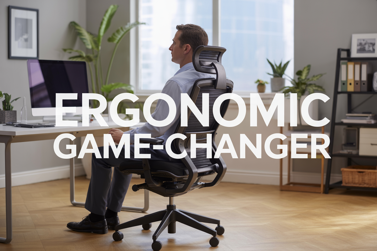 Create a realistic image of a modern ergonomic office chair with prominent lumbar support in a clean professional office setting, positioned at a sleek desk with a computer monitor, featuring a white male professional sitting comfortably with proper posture, bright natural lighting from a window, complemented by indoor plants and organized workspace elements, with the text "Ergonomic Game-Changer" displayed prominently in modern typography overlay.
