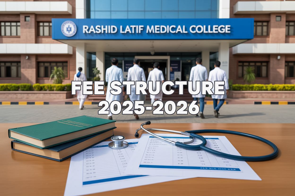 Create a realistic image of a modern medical college building facade with "Rashid Latif Medical College" signage, featuring a diverse group of South Asian medical students in white coats walking near the entrance, with medical textbooks and a stethoscope in the foreground on a wooden desk alongside documents showing fee charts and payment schedules, bright daylight illuminating the scene, and overlay text reading "Fee Structure 2025-2026" in bold professional font.
