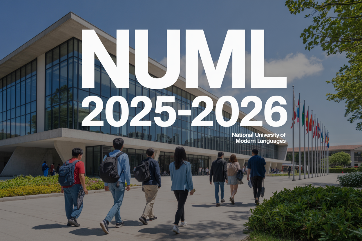 Create a realistic image of a modern university campus building with "NUML 2025-2026" text overlay, featuring a contemporary glass and concrete academic structure with students of diverse ethnicities (including Asian, white, and black male and female students) walking with backpacks and books, lush green landscaping, clear blue sky, bright daylight, and visible signage indicating "National University of Modern Languages" with flags representing international partnerships in the background.