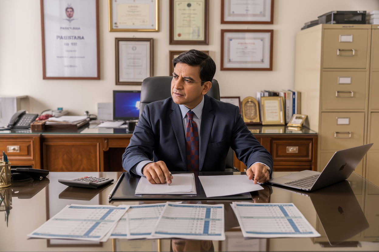 Create a realistic image of a modern Pakistani medical college administrative office with a South Asian male administrator in formal attire sitting at a polished wooden desk, reviewing financial documents and fee charts spread across the desk surface, calculator and laptop visible on the desk, diplomas and medical certificates hanging on the wall behind him, warm professional lighting illuminating the scene, clean organized environment with filing cabinets in the background, absolutely NO text should be in the scene.