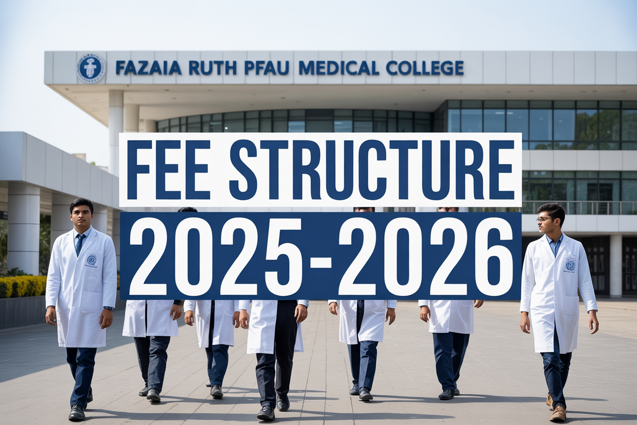 Create a realistic image of a modern medical college building facade with "Fazaia Ruth Pfau Medical College" signage, featuring a diverse group of South Asian male and female medical students in white coats walking in front, with a prominent overlay text "Fee Structure 2025-2026" in bold blue letters, set against a bright daylight sky with professional architectural lighting highlighting the institutional building's contemporary design and glass windows.