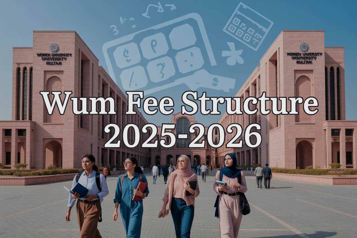 Create a realistic image of a modern university campus building with Islamic architectural elements and pink/rose-colored facades representing The Women University Multan, featuring diverse female students of Pakistani ethnicity walking with books and backpacks in the foreground, clear blue sky background, bright daylight with soft shadows, overlaid text reading "WUM Fee Structure 2025-2026" in elegant white font, with subtle money/currency symbols and calculator elements integrated into the corner of the composition.