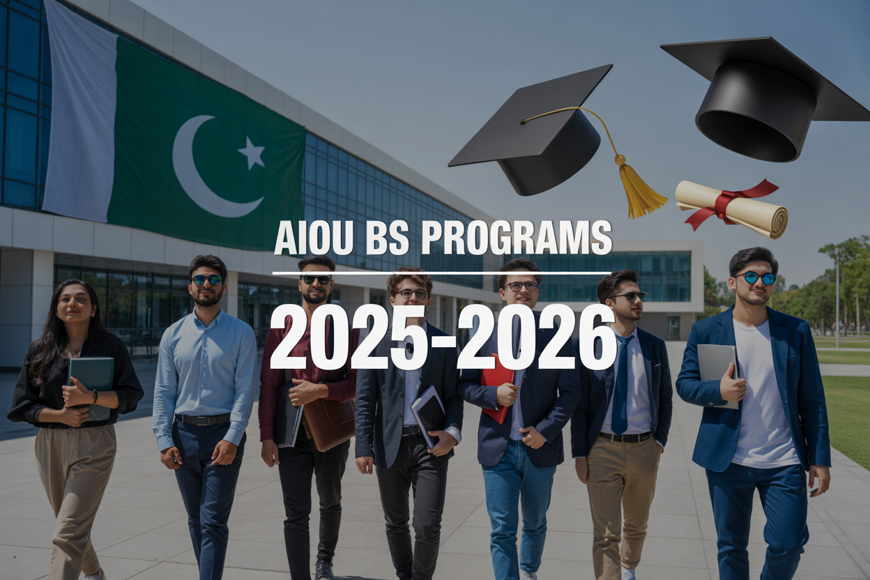Create a realistic image of a modern university campus building with "AIOU BS Programs 2025-2026" text overlay, featuring diverse students (including white, black, and Asian male and female students) walking with books and laptops, Pakistani flags visible, graduation caps and diplomas floating subtly in the background, bright daylight setting with clear blue sky, and a professional academic atmosphere conveying education and opportunity.