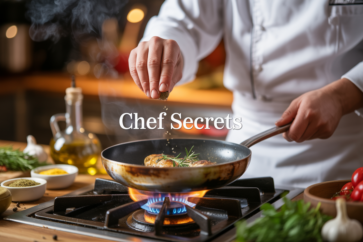 Create a realistic image of a professional kitchen scene with a skilled white male chef in chef's whites expertly seasoning a sizzling pan over a gas flame, surrounded by fresh herbs, colorful spices in small bowls, quality ingredients like olive oil and garlic, with warm golden lighting highlighting the cooking action and steam rising from the pan, featuring the text "CHEF SECRETS" elegantly overlaid on the image, capturing the essence of professional culinary expertise and flavor mastery.