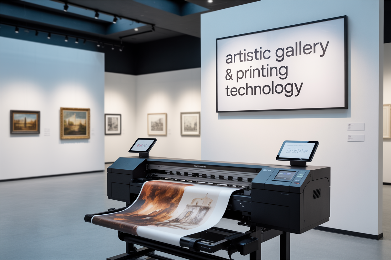 Create a realistic image of a modern art gallery interior with pristine white walls displaying framed artworks, a large professional digital printer in the foreground producing high-quality art reproductions, soft gallery lighting illuminating the space, sleek digital tablets mounted near artwork showing pricing and information, with the text "ARTISTIC GALLERY & PRINTING TECHNOLOGY" prominently displayed on a contemporary wall-mounted sign, conveying a professional and innovative atmosphere that blends traditional art curation with cutting-edge printing technology.