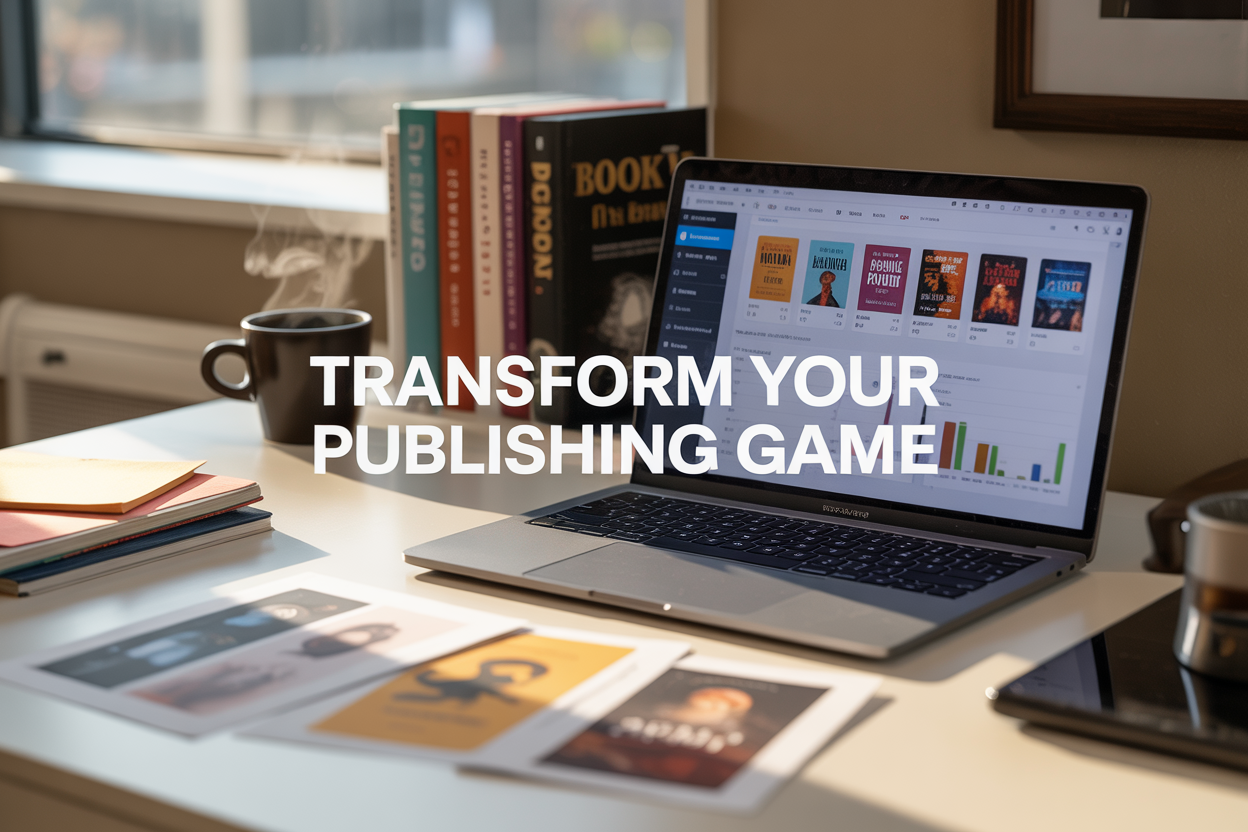 Create a realistic image of a modern workspace featuring an open laptop displaying the Book Bolt dashboard interface with book cover thumbnails and analytics charts visible on screen, surrounded by published books standing upright, a steaming coffee cup, and scattered design mockups on a clean white desk, with warm natural lighting from a window creating a productive and professional atmosphere, and include the text "Transform Your Publishing Game" prominently displayed as an overlay on the image.