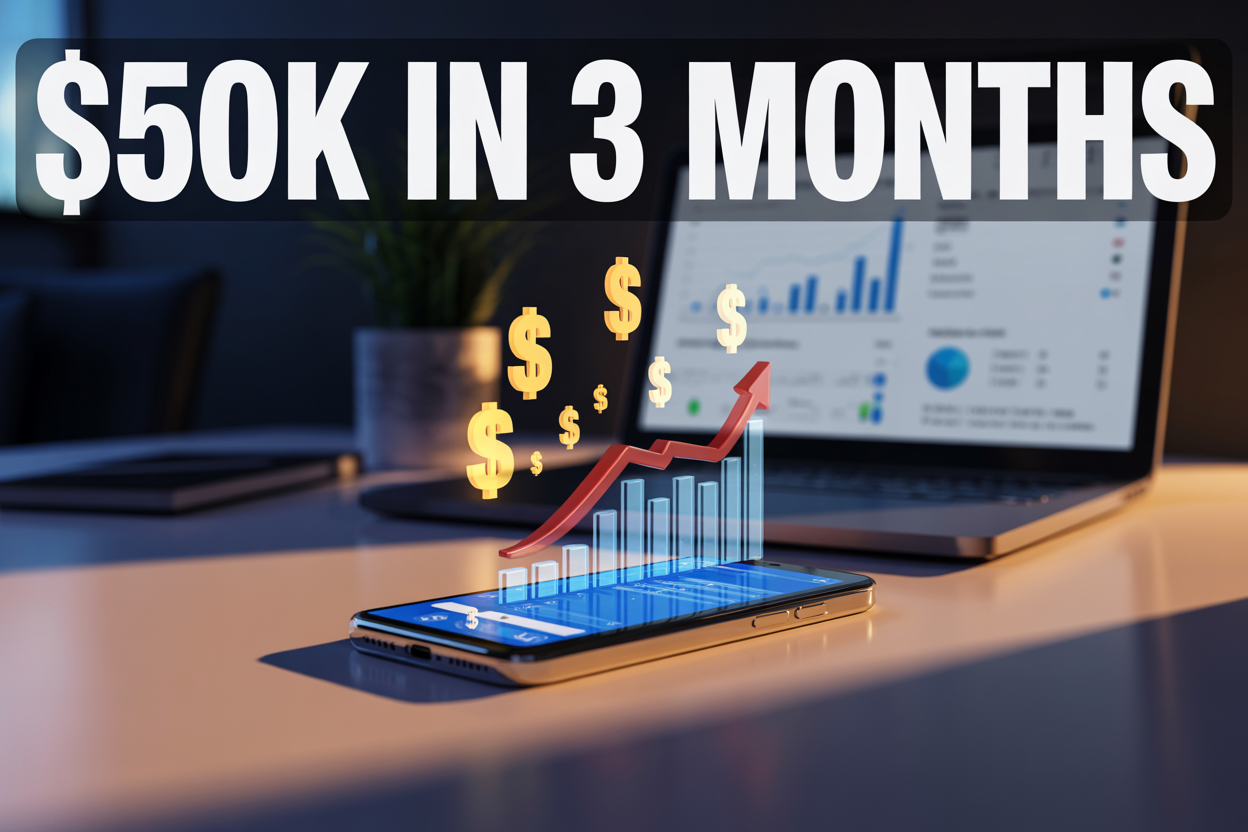 Create a realistic image of a modern smartphone displaying a mobile app interface with upward trending revenue graphs and dollar signs floating above it, positioned on a sleek desk with a laptop showing analytics dashboards in the background, dramatic lighting with a spotlight effect highlighting the phone, professional business atmosphere with dark blue and gold color scheme, text overlay reading "$50K in 3 Months" in bold white letters at the top of the image.