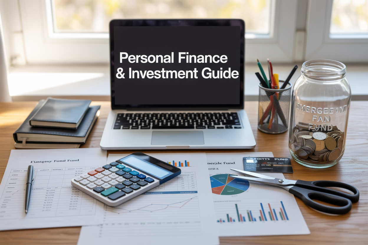 Create a realistic image of a clean, modern desk setup with financial planning materials including a laptop displaying investment charts, calculator, budgeting worksheets, emergency fund jar with coins, credit cards being cut with scissors, and diverse investment portfolio documents spread across the surface, with warm natural lighting from a window, conveying a professional yet approachable mood for financial planning, and include the text "Personal Finance & Investment Guide" prominently displayed on the laptop screen or as an overlay.