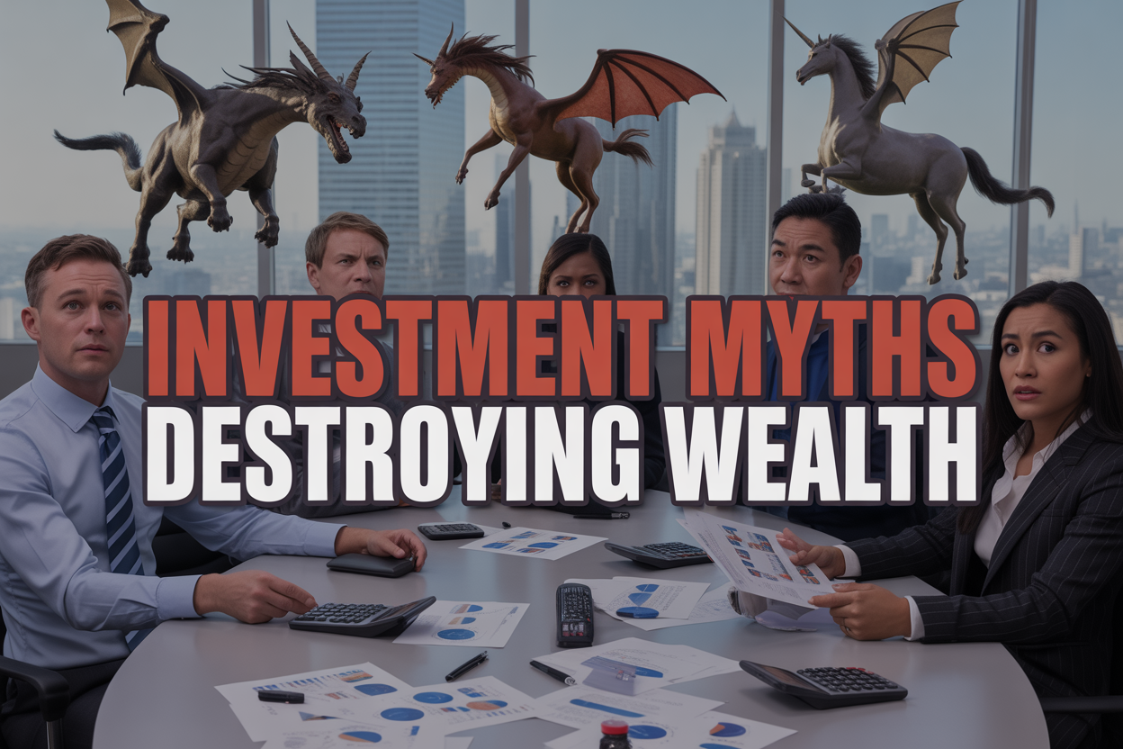 Create a realistic image of a diverse group of people (including white male, black female, and Asian male) sitting around a modern conference table with financial documents, charts, and calculators spread out, looking confused and concerned while surrounded by floating mythical creatures like dragons and unicorns that represent investment myths, with a clean office background featuring windows showing a city skyline, warm professional lighting, and bold text overlay reading "Investment Myths Destroying Wealth" in red and white letters.