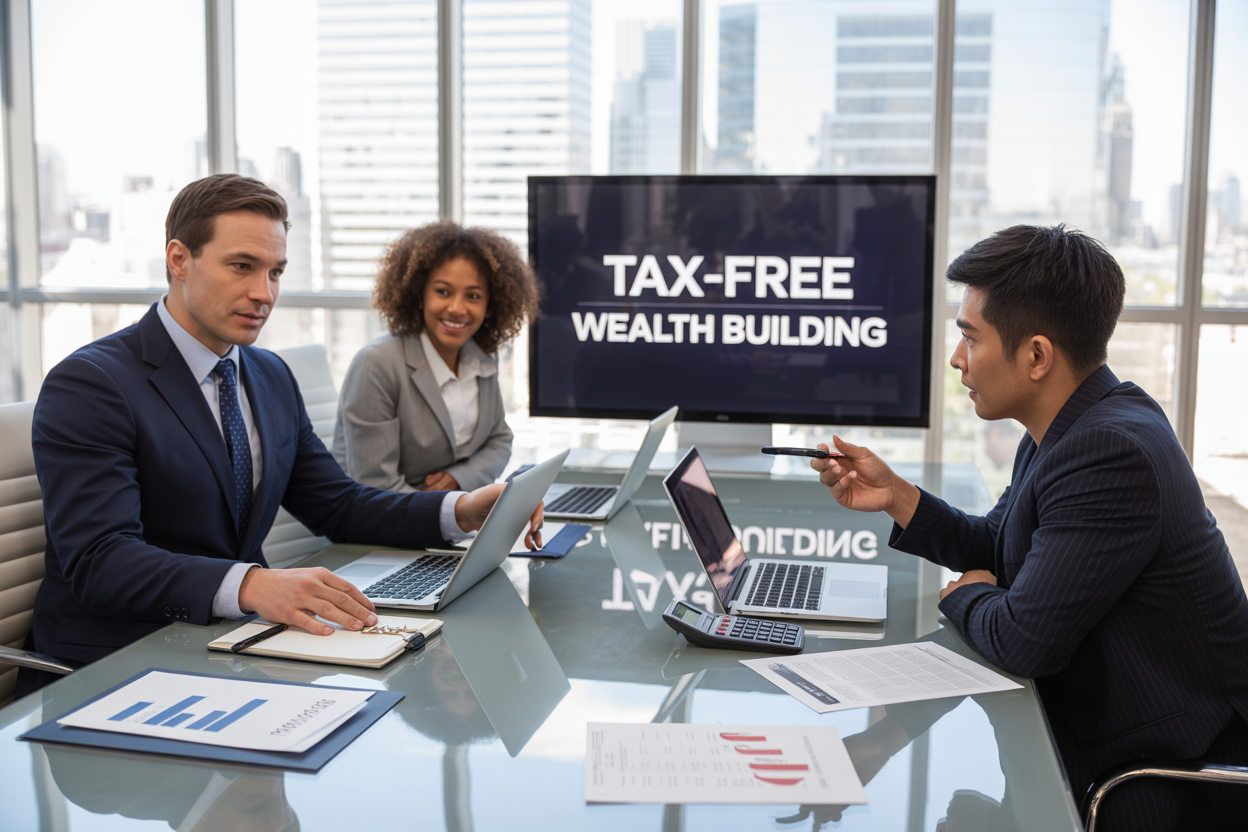 Create a realistic image of a modern financial planning scene featuring a diverse group including a white male financial advisor in a navy suit, a black female client, and an Asian male client sitting around a sleek glass conference table with laptops, financial documents, tax forms, calculator, and charts showing upward growth arrows, with a bright modern office background featuring floor-to-ceiling windows overlooking a city skyline, professional lighting, and the text "TAX-FREE WEALTH BUILDING" prominently displayed on a wall-mounted screen behind them.