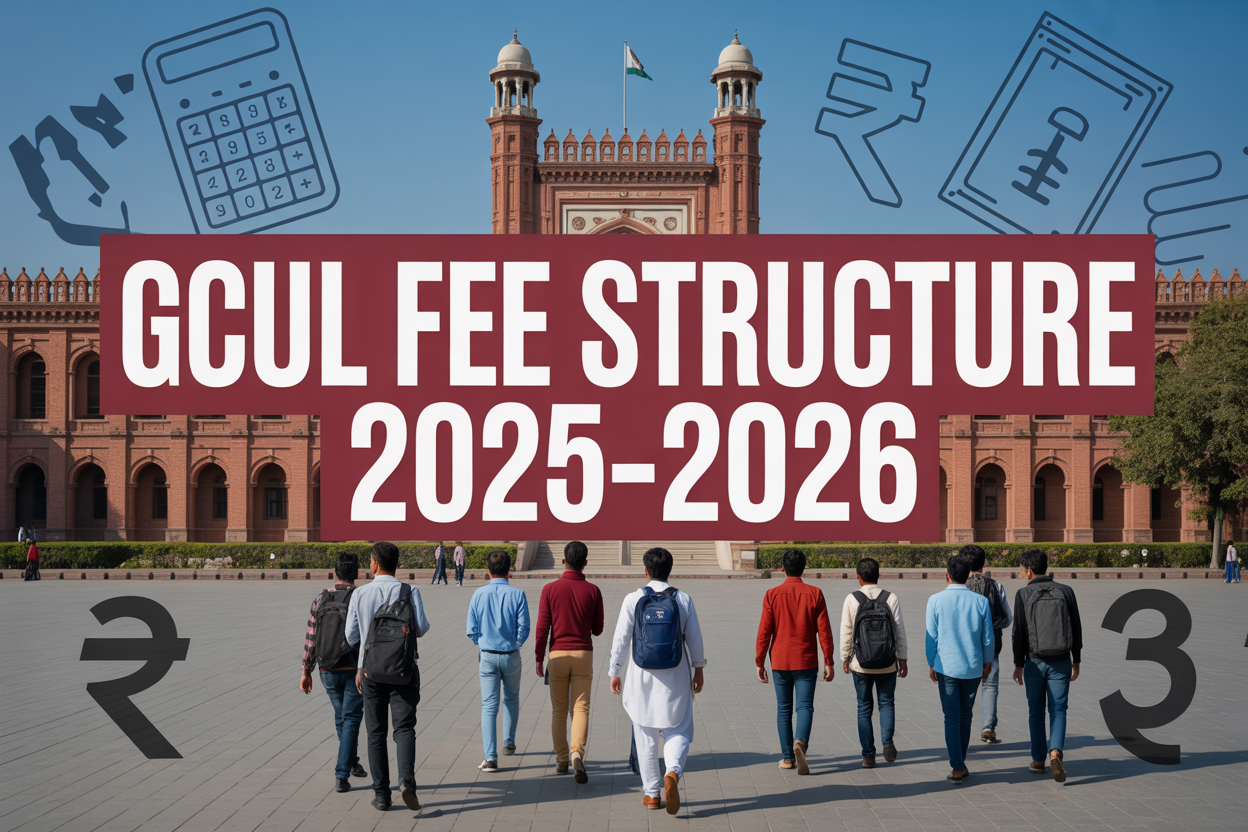Create a realistic image of the historic Government College University Lahore campus building with its iconic red brick architecture and colonial-style facade, featuring a diverse group of South Asian male and female students walking on the campus grounds carrying books and backpacks, with a clear blue sky background and bright natural daylight, overlaid with bold text reading "GCUL Fee Structure 2025-2026" in professional typography, and subtle visual elements like calculator icons and rupee symbols floating around the edges to represent financial planning and education costs.