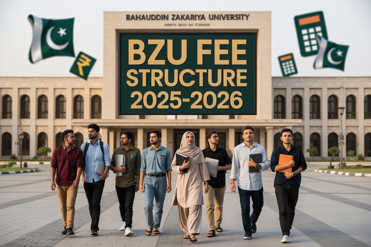 Create a realistic image of a modern university campus building with Islamic architectural elements representing Bahauddin Zakariya University, featuring a diverse group of South Asian male and female students in casual clothing walking with books and laptops, with a prominent digital display board showing "BZU Fee Structure 2025-2026" in bold letters, complemented by Pakistani rupee currency symbols and calculator icons floating subtly in the background, set during golden hour lighting with a professional and educational atmosphere that conveys accessibility and academic excellence.