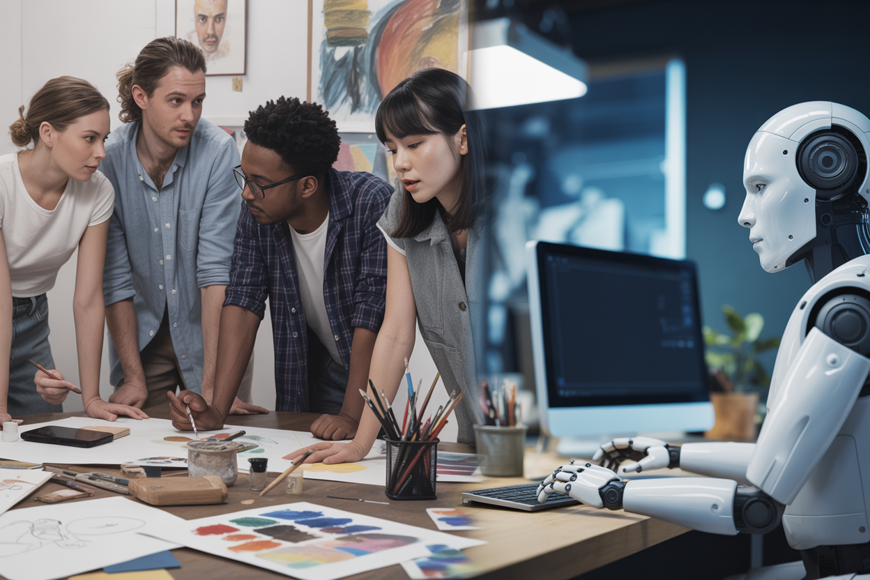 Create a realistic image of a split-screen composition showing human creativity versus AI limitations, with the left side displaying a diverse group including a white female artist, black male designer, and Asian female writer engaged in brainstorming around a table covered with colorful sketches, paint brushes, and creative materials, while the right side shows a sterile computer setup with a blank screen and robotic elements, set against contrasting backgrounds of a warm, inspiring creative studio versus a cold, clinical tech environment, emphasizing the mood of human warmth and intuition versus artificial constraint, with natural lighting on the creative side and harsh fluorescent lighting on the technical side, absolutely NO text should be in the scene.