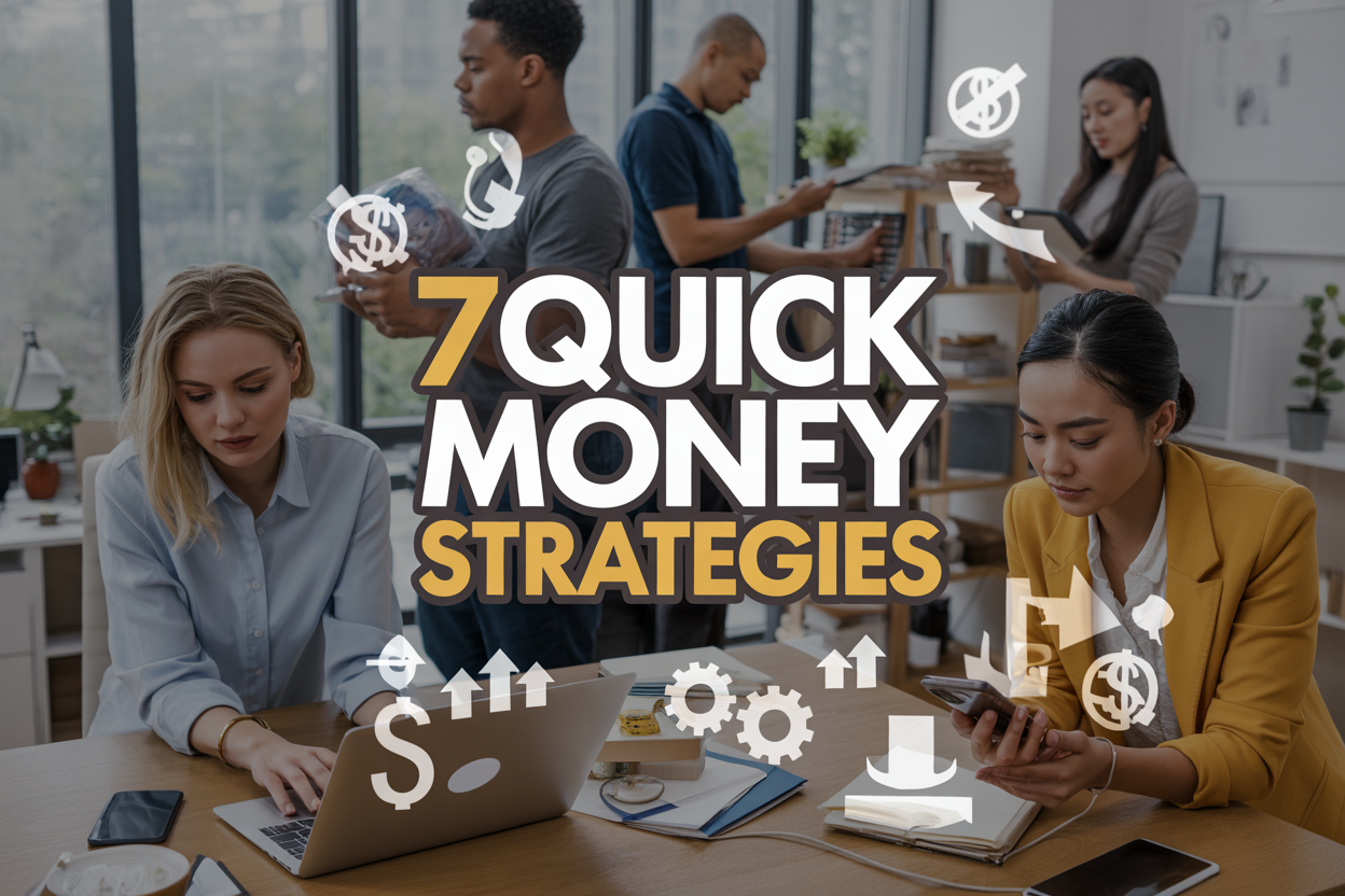 Create a realistic image of a diverse group of people engaging in various money-making activities in a modern home office setting, including a white female using a laptop for freelancing, a black male organizing items to sell online, and an Asian female working on a smartphone app, with multiple income streams symbols like dollar signs, gears, and upward arrows floating around them, bright natural lighting from large windows, professional yet approachable atmosphere, with bold text overlay reading "7 Quick Money Strategies" in modern typography.