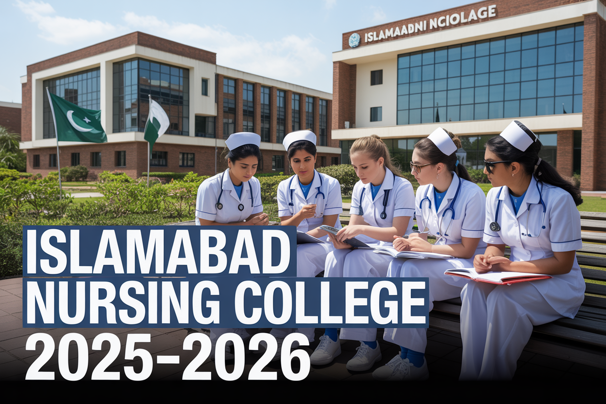 Create a realistic image of a modern nursing college campus in Islamabad with contemporary brick and glass buildings featuring the college name signage, diverse nursing students of different races (Asian, white, black) both male and female wearing white uniforms and stethoscopes studying together on outdoor benches, medical equipment visible through windows, lush green landscaping with Pakistani flag in background, bright daylight with clear blue sky, and bold text overlay reading "ISLAMABAD NURSING COLLEGE 2025-2026" in professional blue and white typography.