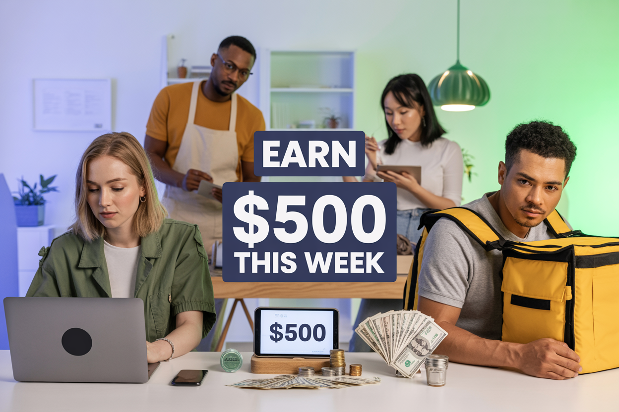 Create a realistic image of a diverse group of people engaged in various money-making activities: a white female at a laptop freelancing, a black male selling items at a table, an Asian female providing a local service, and a Hispanic male with a delivery bag, all arranged around a central workspace with cash, coins, and a smartphone displaying "$500" on screen, bright professional lighting, modern clean background with soft blue and green tones, text overlay reading "EARN $500 THIS WEEK" in bold modern font.