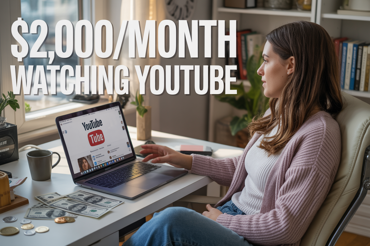 Create a realistic image of a white female in her 30s sitting comfortably at a home desk with a laptop open showing YouTube's interface, dollar bills and coins scattered around the workspace, a coffee mug nearby, natural lighting from a window, cozy home office background with bookshelves, and overlay text reading "$2,000/Month Watching YouTube" in bold modern font.