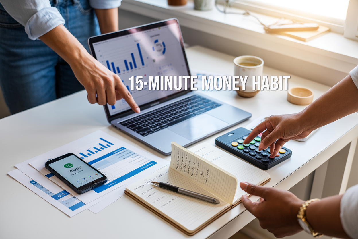 Create a realistic image of a clean, modern desk setup with a laptop displaying financial charts and graphs, a smartphone showing a banking app, a notebook with handwritten budget notes, a pen, and a coffee cup, all arranged on a white wooden desk surface with soft natural lighting from a window, featuring a diverse group of hands (one white female hand, one black male hand) pointing at different financial documents and calculator buttons, with warm morning sunlight creating a productive atmosphere, and overlay text reading "15-Minute Money Habit" in clean, modern typography.