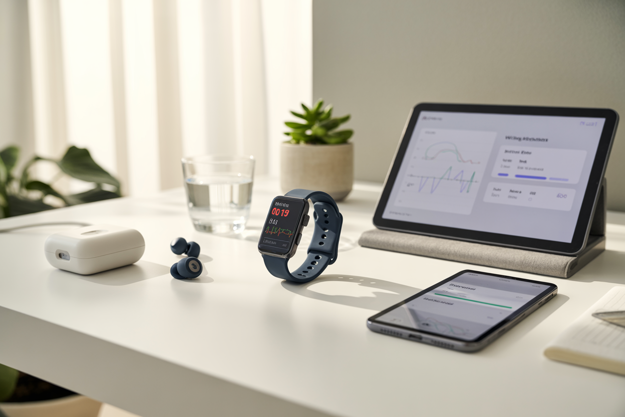 Create a realistic image of modern health and wellness technology devices arranged on a clean white desk including a smartwatch displaying heart rate data, a smartphone with a fitness app interface, wireless earbuds, a digital blood pressure monitor, and a tablet showing wellness analytics, with soft natural lighting from a window creating a bright professional atmosphere, complemented by a small potted plant and a glass of water, conveying innovation and healthy lifestyle integration, absolutely NO text should be in the scene.