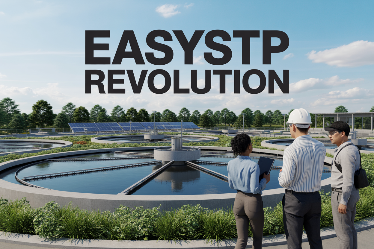 Create a realistic image of a modern sewage treatment facility with clean, eco-friendly design featuring large circular treatment tanks with clear, treated water, solar panels on facility rooftops, lush green landscaping around the perimeter, a diverse group of three professionals (one white male engineer in hard hat, one black female technician with tablet, one Asian male supervisor) inspecting the equipment under bright daylight with blue sky and white clouds, with bold text overlay reading "easySTP Revolution" in modern sans-serif font positioned in the upper portion of the image.