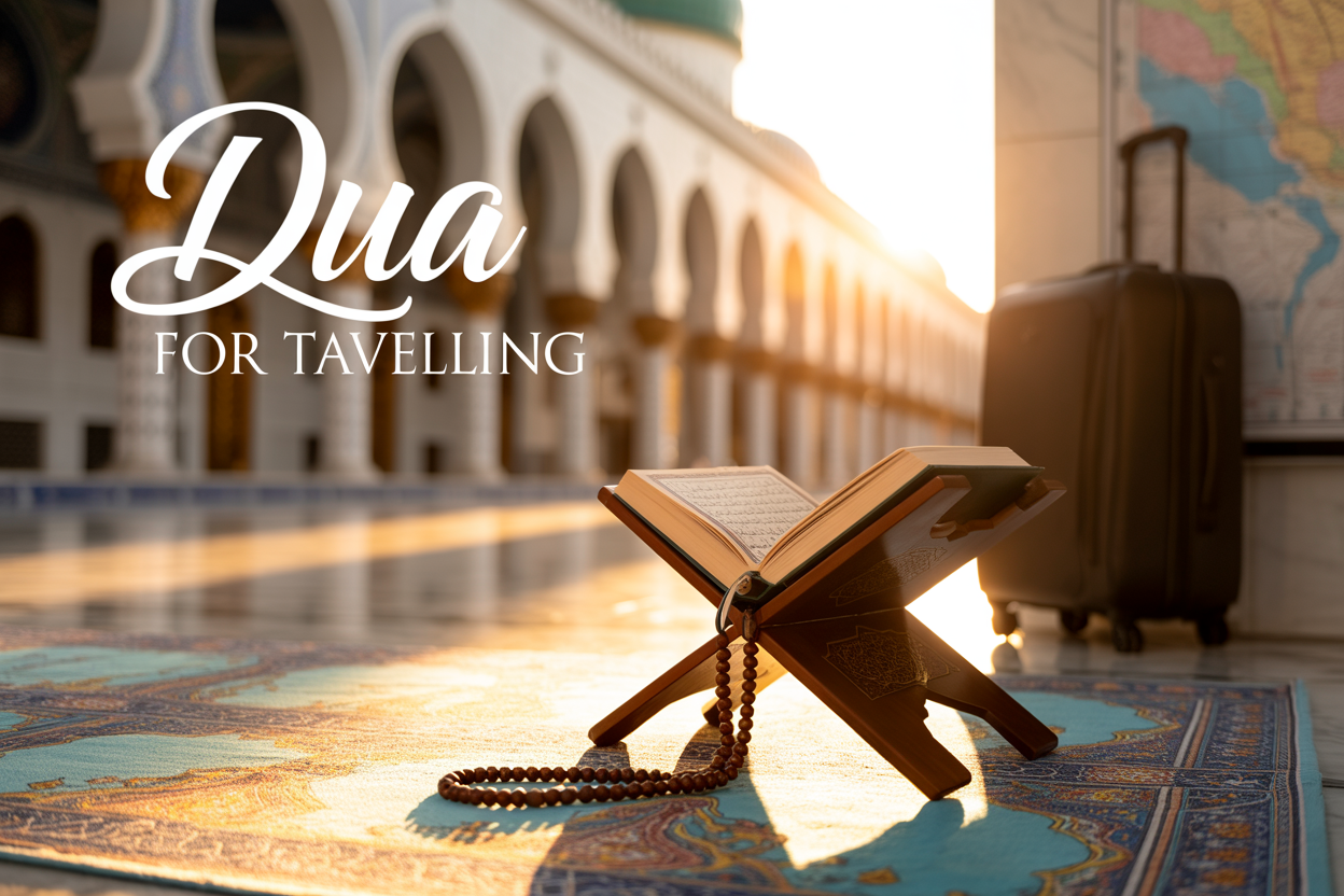 Create a realistic image of a peaceful mosque courtyard at golden hour with warm sunlight filtering through Islamic arches, featuring an open Quran and prayer beads (tasbih) placed on a wooden stand in the foreground, with a subtle luggage bag and travel map visible in the background, creating a serene atmosphere that conveys spiritual preparation for travel, with the text "Dua for Travelling" elegantly overlaid in Arabic-style calligraphy font in the upper portion of the image.