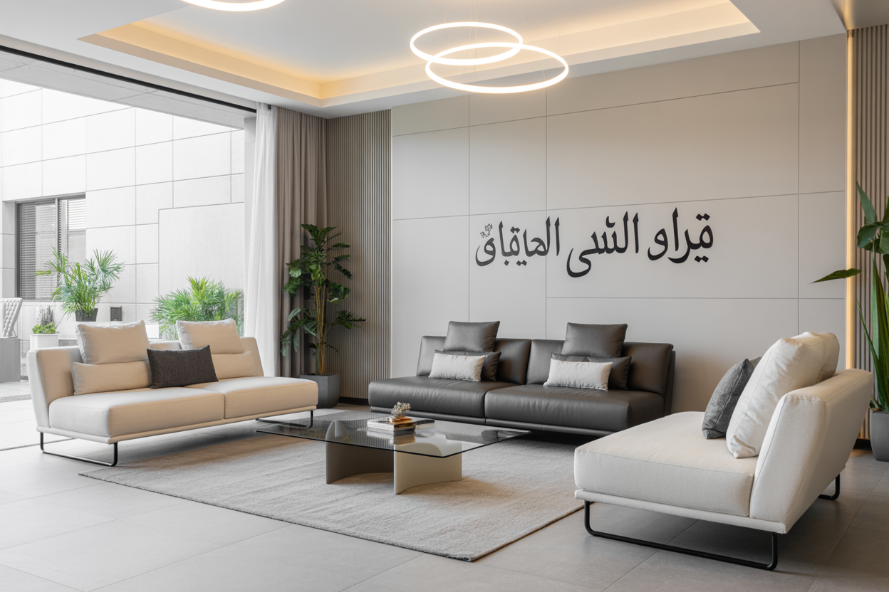 Create a realistic image of a modern living room showcasing contemporary sofas in a stylish home setting, featuring a sleek gray sectional sofa and a minimalist cream-colored loveseat arranged around a glass coffee table, with modern lighting fixtures, neutral color palette of whites and grays, clean lines and geometric patterns, floor-to-ceiling windows providing natural lighting, indoor plants as decorative elements, and the Arabic text "أرائك للمنزل العصري" elegantly displayed on the wall or as a subtle overlay in the scene.