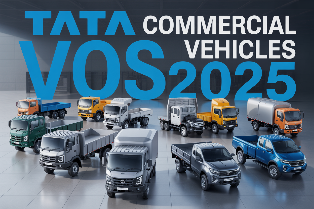 Create a realistic image of a modern showroom or display area featuring multiple Tata commercial vehicles including heavy-duty trucks, medium commercial vehicles, light trucks, and pickup trucks arranged in an organized layout, with prominent Tata branding and logos visible, professional automotive lighting highlighting the vehicles' robust designs and powerful appearance, clean industrial background with polished concrete floors, and bold text overlay reading "TATA COMMERCIAL VEHICLES 2025" in modern sans-serif font positioned prominently in the upper portion of the image.