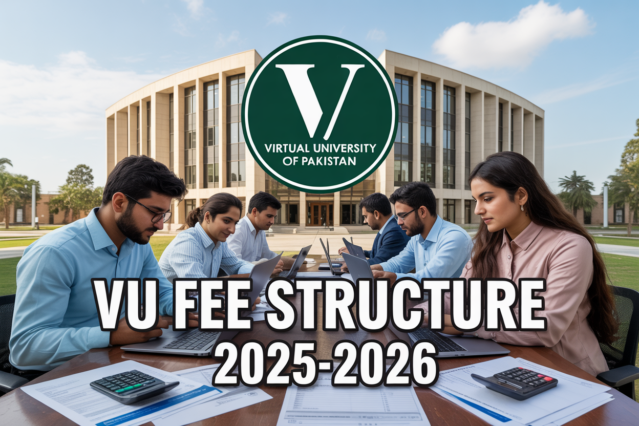 Create a realistic image of a modern university campus building with the Virtual University of Pakistan logo prominently displayed, featuring a diverse group of Pakistani students (both male and female) sitting at laptops and studying, with financial documents, fee receipts, and calculators visible on desks, set against a bright academic environment with natural lighting, and include the text "VU Fee Structure 2025-2026" overlaid in bold, professional typography.
