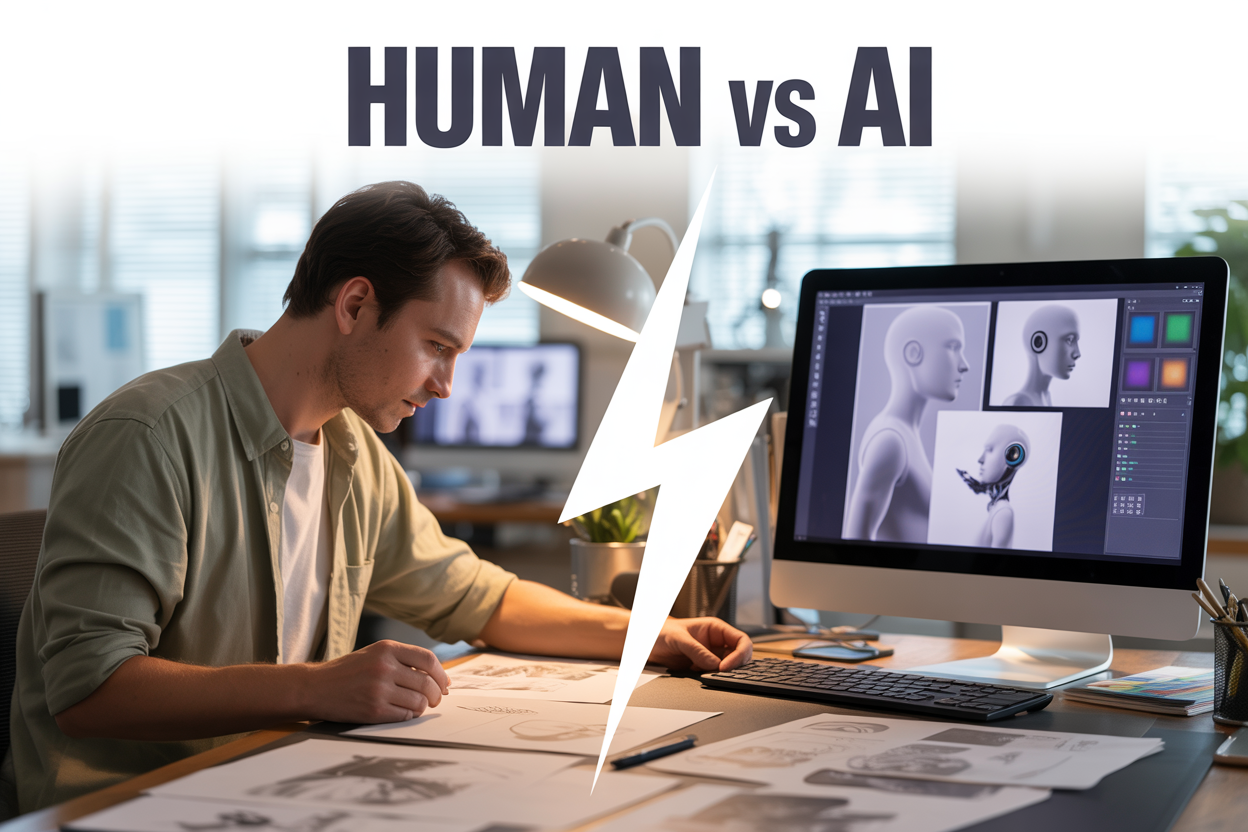 Create a realistic image of a split-screen composition showing a white male human designer on the left side working at a desk with sketches and creative materials, and on the right side a sleek computer screen displaying AI-generated designs and digital interfaces, with a subtle lightning bolt or connection symbol in the center dividing the two sides, set against a modern office background with soft natural lighting, and include the text "HUMAN vs AI" prominently displayed at the top of the image in bold, professional typography.