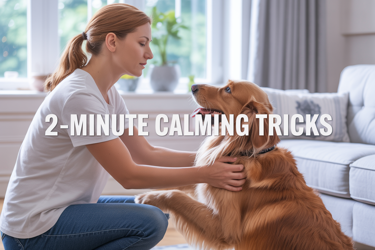 Create a realistic image of a calm white female dog owner in her 30s gently placing her hands on an energetic golden retriever dog in a peaceful living room setting, with soft natural lighting from a window, showing the transition from excitement to calmness, including the text "2-Minute Calming Tricks" overlay in clean, readable font, with a soothing atmosphere that conveys quick and effective dog training techniques.