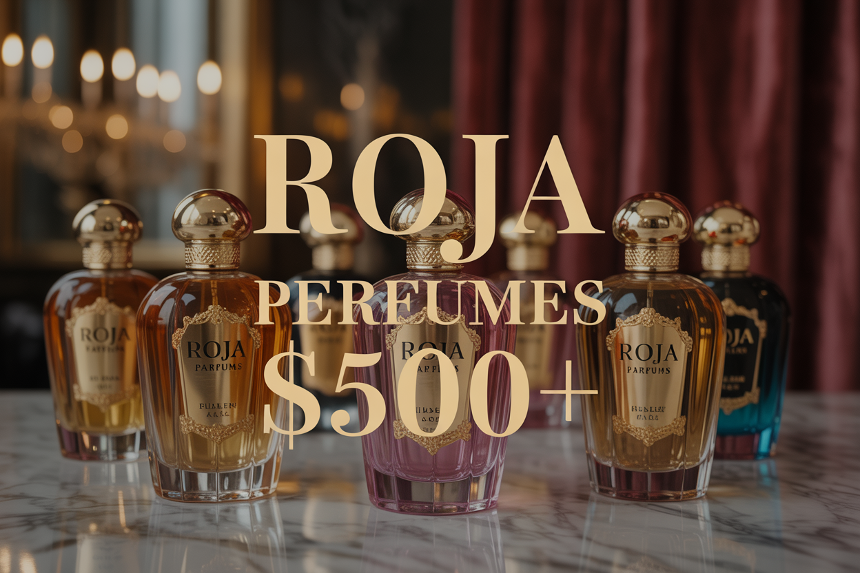 Create a realistic image of an elegant luxury perfume display featuring multiple ornate Roja Parfums bottles with golden caps and crystal-clear glass arranged on a marble surface, with soft warm lighting creating subtle shadows and reflections, a blurred background of rich burgundy velvet drapes, and the text "ROJA PERFUMES $500+" elegantly overlaid in gold serif font, conveying an atmosphere of exclusivity and premium luxury.