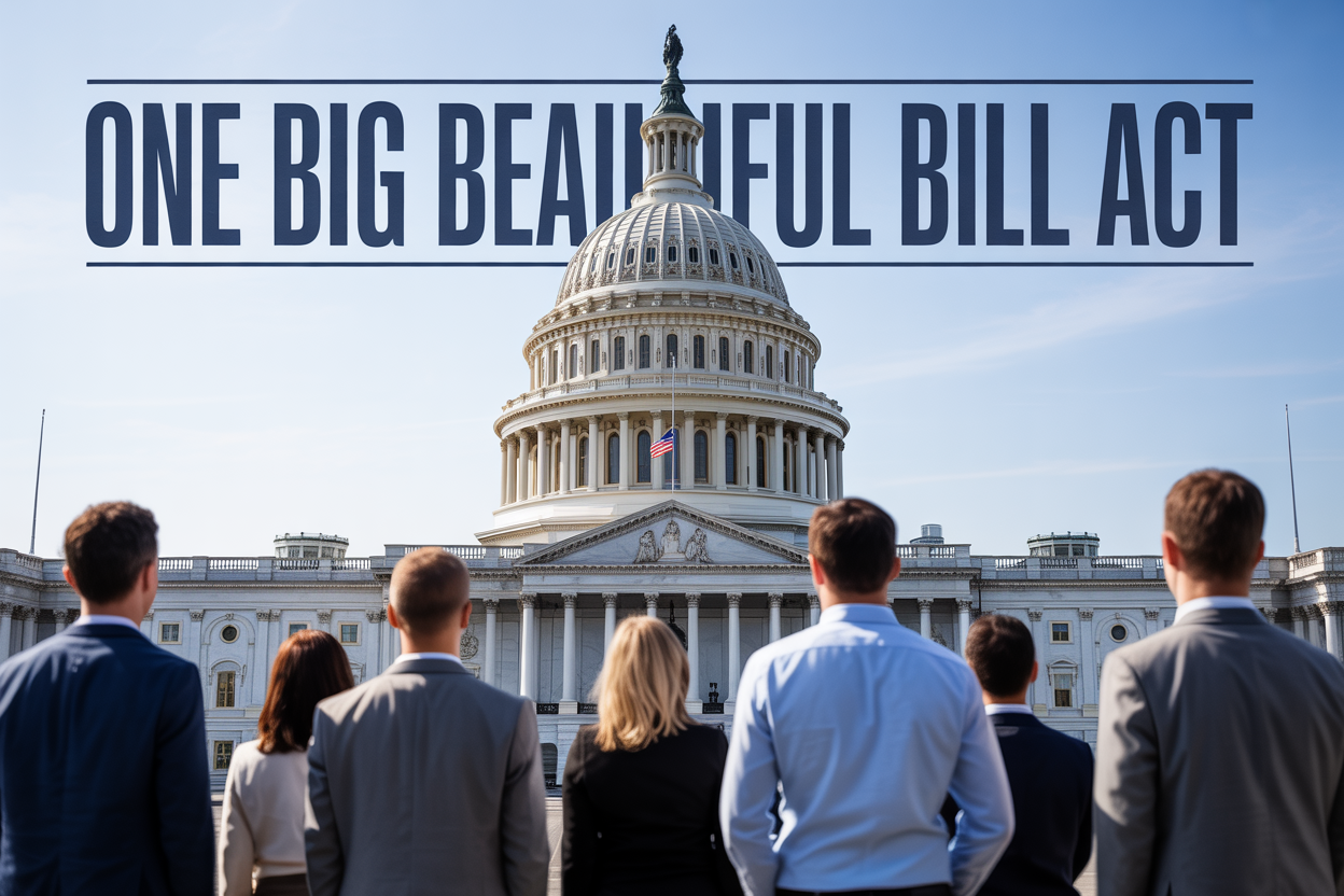 Create a realistic image of the U.S. Capitol building dome in the background with a large, elegant legislative bill document in the foreground, featuring clean typography and official government styling, with diverse group of people including white and black males and females in professional business attire looking optimistically toward the Capitol, bright daylight with clear blue sky creating a hopeful and official atmosphere, with the text "One Big Beautiful Bill Act" prominently displayed across the top of the image in bold, modern font.